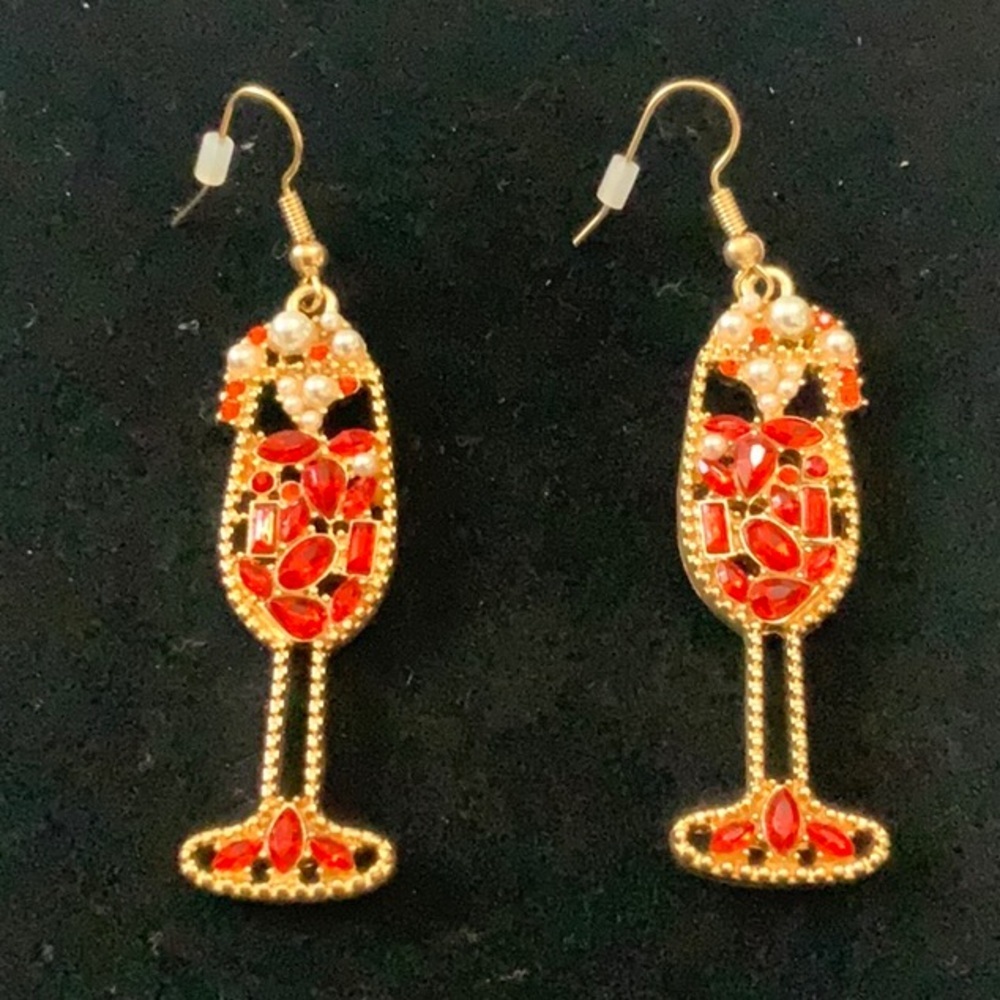 Rhinestone and Gold tone Champagne Glass Earrings